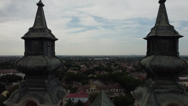 Drone view of the St. Theresa of Avila Cathedral Subotica, Serbia. 4K.