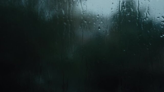 Raindrops stream down a window pane during a heavy downpour, creating a blurry and distorted view of the green trees outside. This moody shot captures the cozy, melancholy atmosphere of a stormy day.