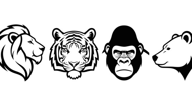 Black and white line art illustration of four animal heads in a row