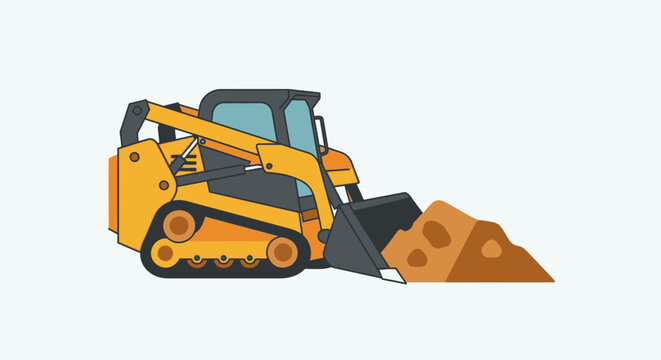 Construction skid steer loader with front bucket lifting pile of earth and dirt