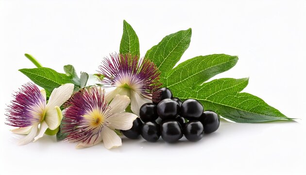 Atropa Belladonna Flowers And Black Berries Isolated On White Background