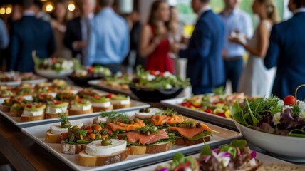 Fototapeta premium Assorted appetizers on buffet trays at event