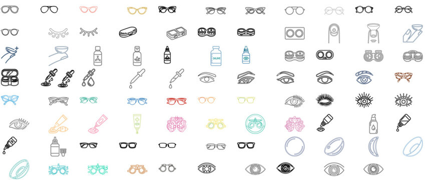 Professional Optometry and Eye Care 1 Vector Icon Set with 87 minimalist flat line illustrations of eyewear, contact lenses, ophthalmology tools, and vision health symbols for optical clinics.