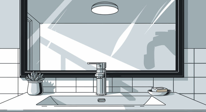 Modern bathroom sink with large mirror and minimalist design in cool tones