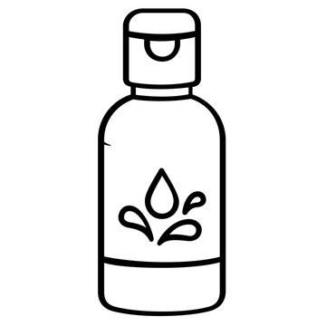 Cylindrical saline solution bottle vector icon illustration for contact lens care and eye health maintenance, minimalist flat line art design element for optometry and vision correction services.
