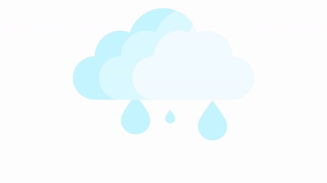 Animated flat design icon of a soft blue and white cloud releasing raindrops. Ideal for weather forecasts, climate apps, and rainy season themes. 4K quality transparent background.