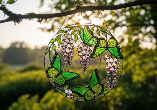 Glass butterfly suncatcher hanging on tree branch in garden at sunrise