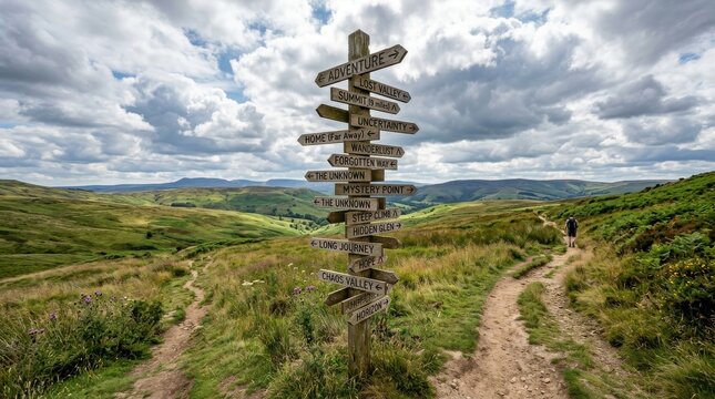Wooden signpost with many directions on a mountain hiking trail