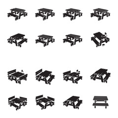 Obraz premium Wooden picnic tables collection shown from various perspectives against white background for outdoor leisure activities