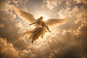 Naklejka premium Majestic angel amidst radiant clouds.