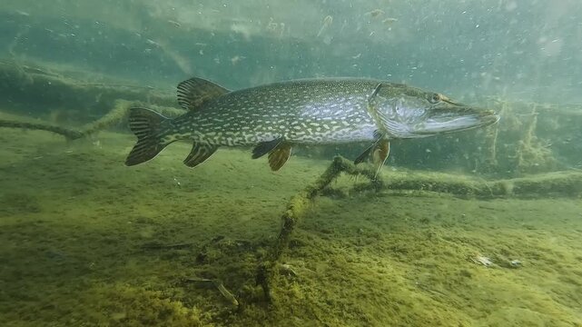 Underwater close-up footage of a large northern pike (Esox lucius) in its natural habitat. Captured in natural light, revealing sharp details and powerful jaws.