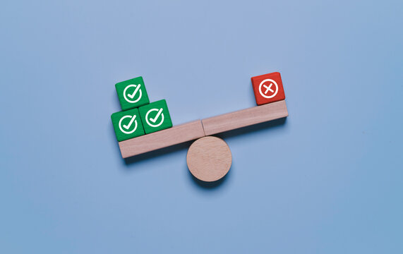 Decision making and evaluation concept with approved and rejected options balanced on a scale. Symbolize assessment, quality control, risk analysis, compliance review, business judgment and selection.