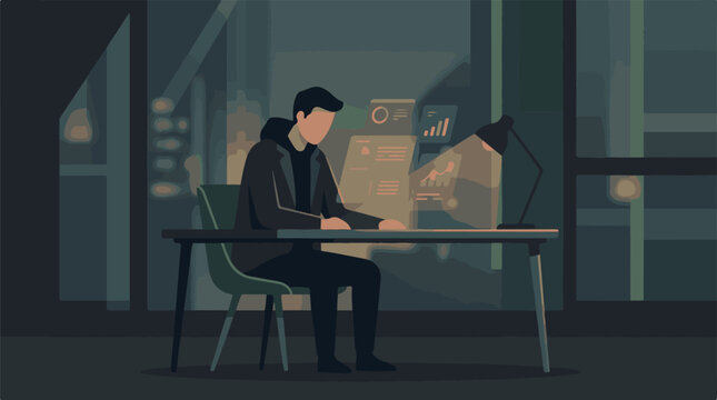 A man sits at a desk in a dark room with a computer and lamp