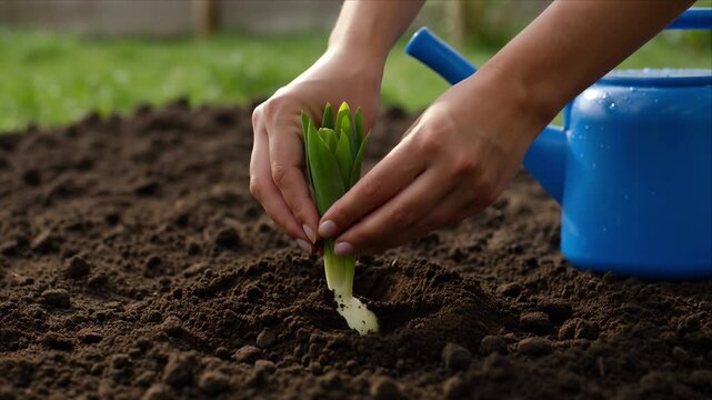 Seasonal nature planting gardener hand tulip bulb soil garden seedling spring watering, closeup outdoor garden bed, careful hands planting young tulip bulb rich soil with blue watering can nearby
