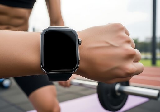 Athlete using smartwatch during outdoor workout.