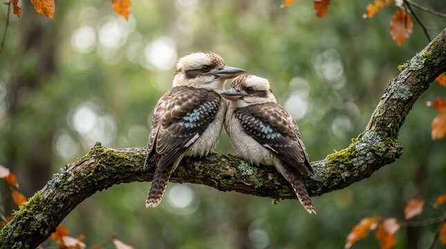 Two Kookaburras Perched on a Mossy Branch