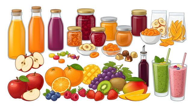 Healthy organic food and beverage vector element set with fresh fruit smoothies juice bottles jam jars and sweet snacks for advertising design