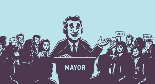 Politician giving speech at podium addressing supportive crowd outdoors