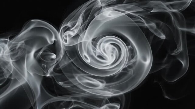 Elegant white smoke swirls and dances against a stark black background