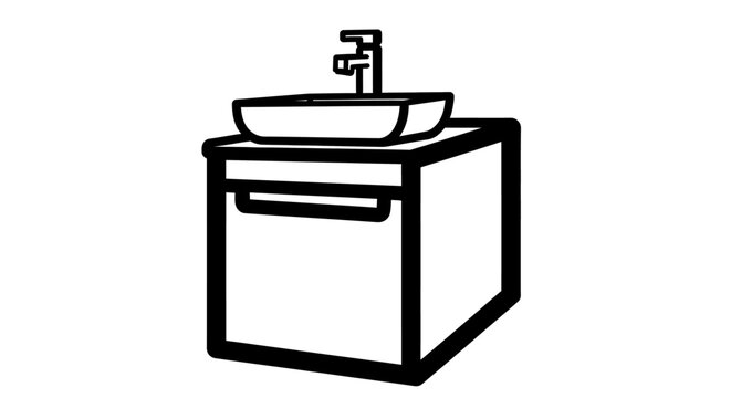 Simple line art illustration of a bathroom sink vanity unit with faucet