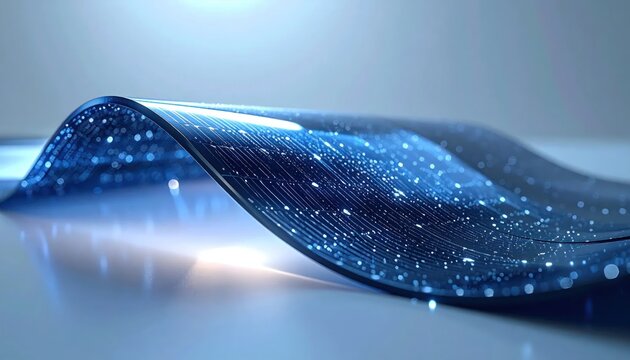 Abstract blue curved digital surface with glowing data particles.