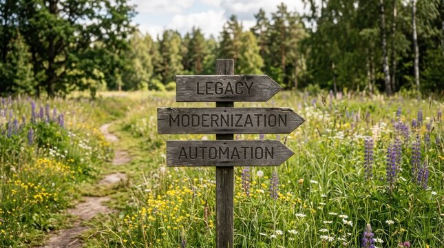 Wooden signpost with legacy, modernization, and automation text