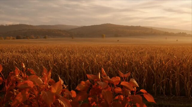 Cinematic autumn field landscape with golden corn crop agriculture and red foliage warm sunset sky misty hill forest horizon background and tranquil countryside rural nature outdoor peaceful scenic