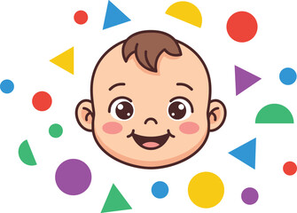 Cute Cartoon Baby Face Avatar Surrounded by Colorful Geometric Shapes and Patterns for Infographics Early Childhood Education and Preschool Media Vector Illustration