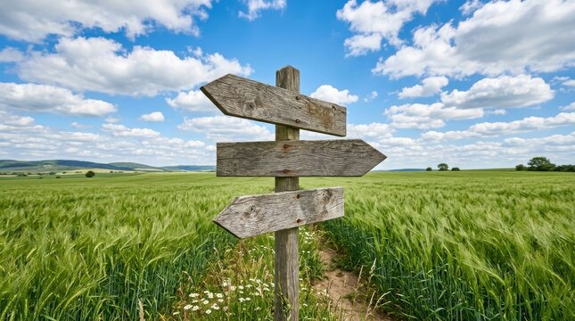 Blank wooden signpost with three arrows in a green wheat field