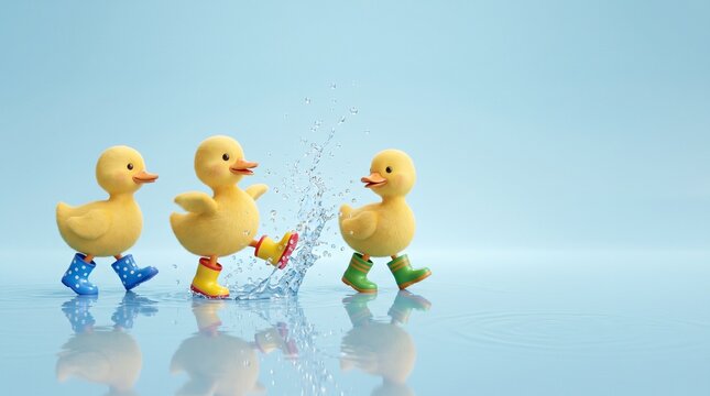 Award Winning National Geographic Minimal style, 3D ducks in rain boots marching through puddles, one splashing water high, plain refreshing blue background, left in frame These du