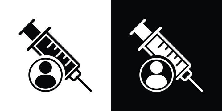 Personal vaccination or patient injection icon. Syringe combined with a user profile symbol, set against minimalist black and white backgrounds.