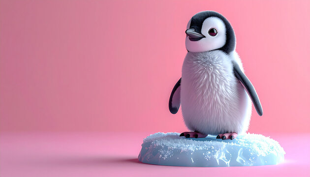 3D fluffy baby penguin standing on a tiny ice block  stylized clay aesthetic