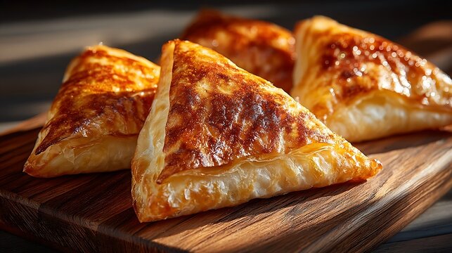 Golden puff pastry turnovers freshly baked with flaky crispy crust and savory cheese filling resting on rustic wooden cutting board under warm natural light
