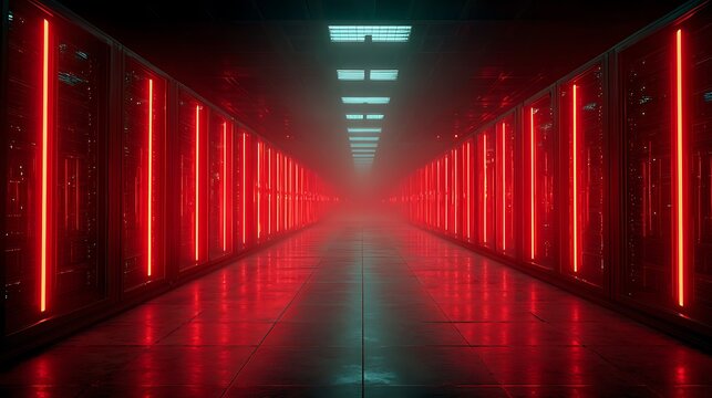 Futuristic server room corridor illuminated by glowing red vertical LED lights and cyan ceiling fixtures creating a symmetrical perspective inside a high-tech data center