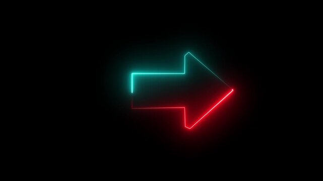 Neon arrows in opposite directions &ndash; glowing colorful outlines on dark background with retro-futuristic 4K video animation.