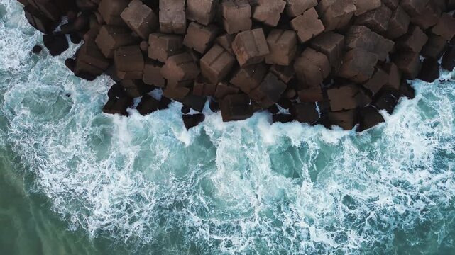 Cinematic 4K aerial drone captures waves breaking against the rocky breakwater at Miramar Beach in Ciudad Madero, Tamaulipas, with calm turquoise water stretching beyond the rocks under natural daylig