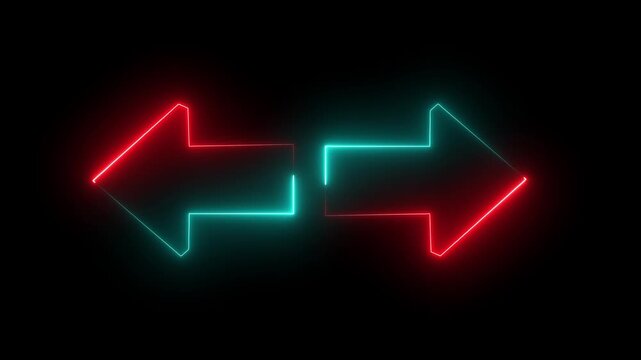 Neon arrows in opposite directions &ndash; glowing colorful outlines on dark background with retro-futuristic 4K video animation.