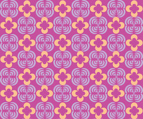 Fototapeta premium A vibrant and playful seamless digital illustration showcasing a repeating pattern of stylized quatrefoil floral motifs in pink and soft orange. The rich purple background provides a bold contrast