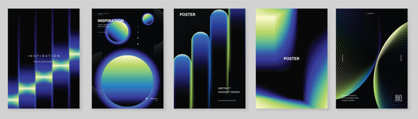 Obraz premium Abstract gradient poster vector set. Dark neon cover templates with glowing spheres, light trails, wave lines and futuristic geometric backgrounds for event, music and technology design.