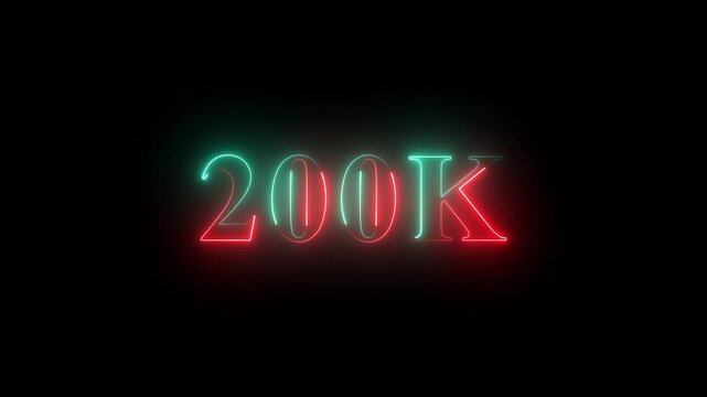 200K celebration effect motion video Glowing neon text icon animation on black background. 100k follower,200K subscribers milestone neon sign glowing blue light motion video footage 4k video animation