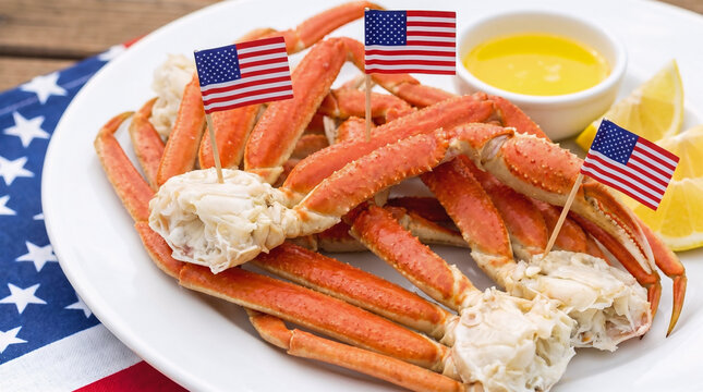 4th of July Food Seafood Feast Featuring Crab Legs with Butter Sauce and American Flags on White Plate for Independence Day Celebration and Patriotic Summer Gathering
