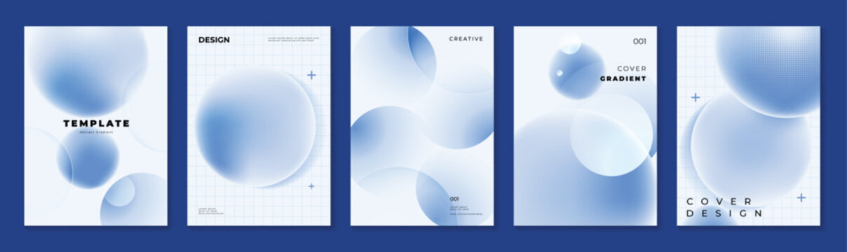 Blue gradient poster templates vector set. Abstract sphere covers with soft blur, halftone texture and grid background for presentation, flyer and brochure design.