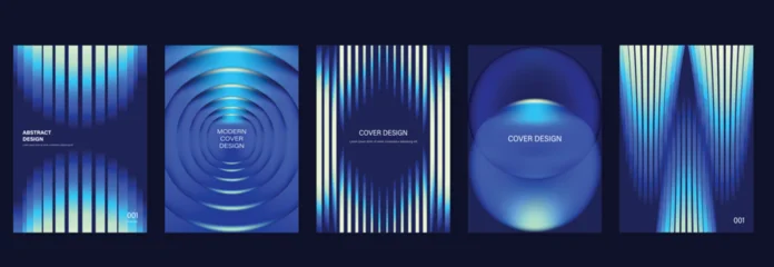 Fototapeten Restaurant Blue gradient cover templates vector set. Abstract dark poster designs with glowing stripes, concentric rings and 3D spheres for flyer, brochure and presentation layout.  © TWINS DESIGN STUDIO