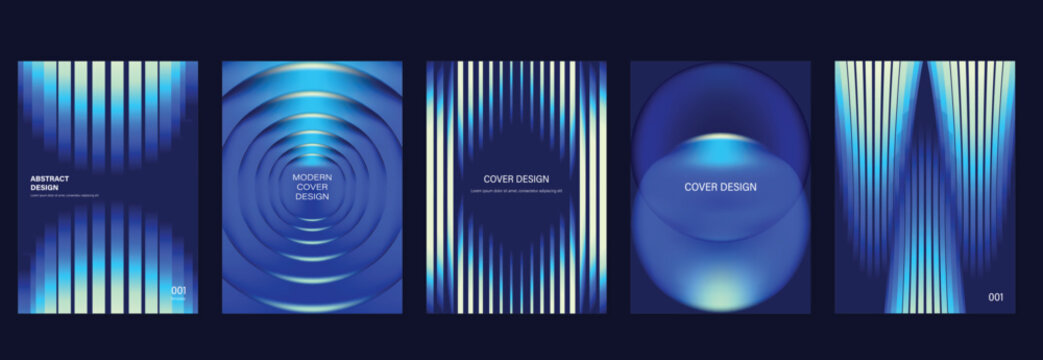 Blue gradient cover templates vector set. Abstract dark poster designs with glowing stripes, concentric rings and 3D spheres for flyer, brochure and presentation layout.