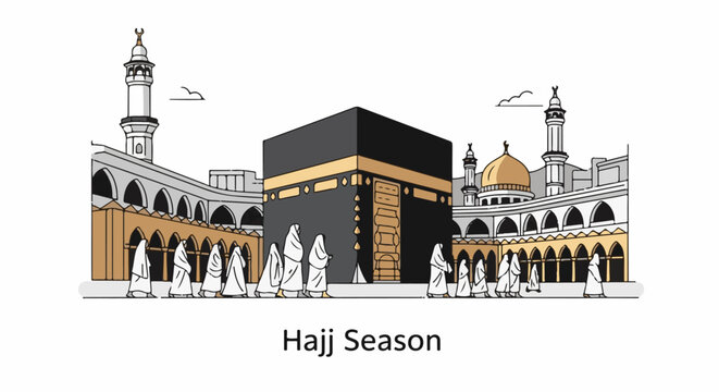 A graphic illustration of a mosque complex with the Kaaba, people in white robes, and various architectural elements