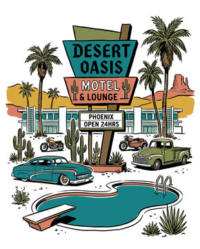 Retro hand-drawn illustration of a vintage Desert Oasis Motel in Phoenix with classic cars, motorcycles, a swimming pool, and palm trees under a desert landscape with cacti and mountains.