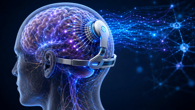 Brain With Neural Implant And Digital Brainwave Interface Technology | Futuristic Neurotechnology And Brain Computer Connection Concept | Advanced Medical Brain Augmentation Visualization