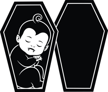 Cute cartoon vampire baby sleeping inside a traditional wooden coffin silhouette