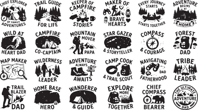 Fatherhood adventure and camping quotes vintage badge typography vector set