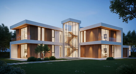 Fototapeta premium Modern two-story house with large windows at sunset